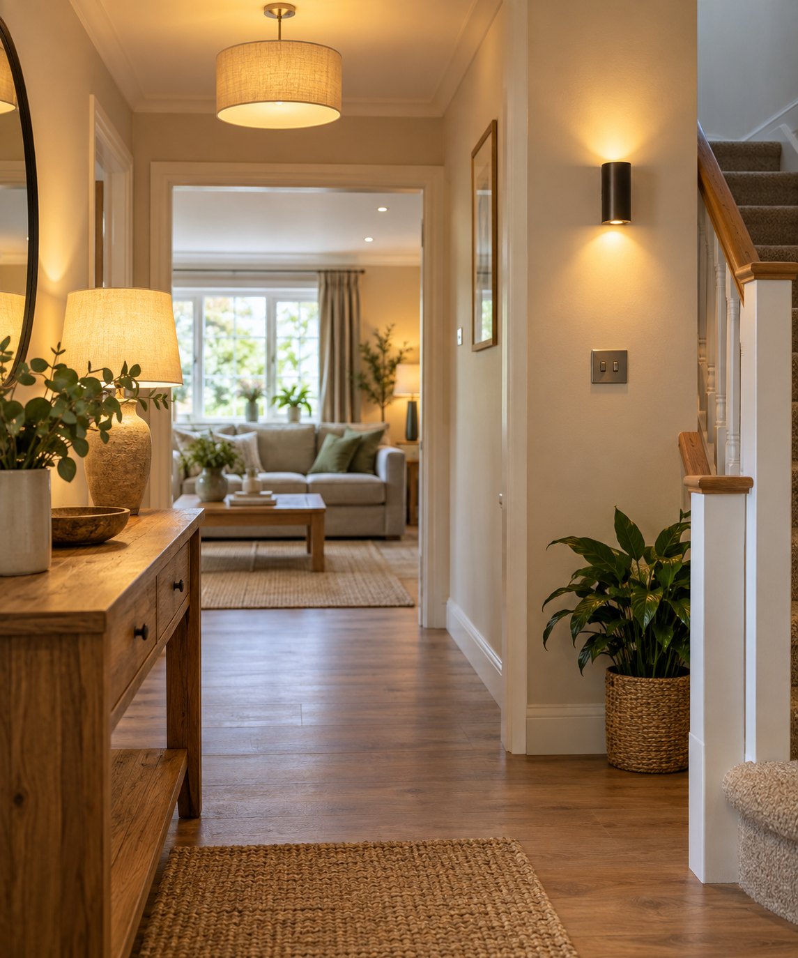 Illustrative photograph of a welcoming home with warm pendant, wall and ceiling lighting